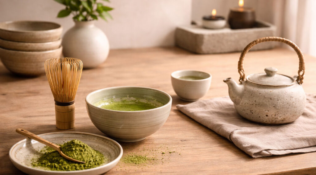 Matcha-Zubereitungsset mit Schale, Bambusbesen, Matcha-Pulver, Teekanne und Tasse auf einem Holztisch.