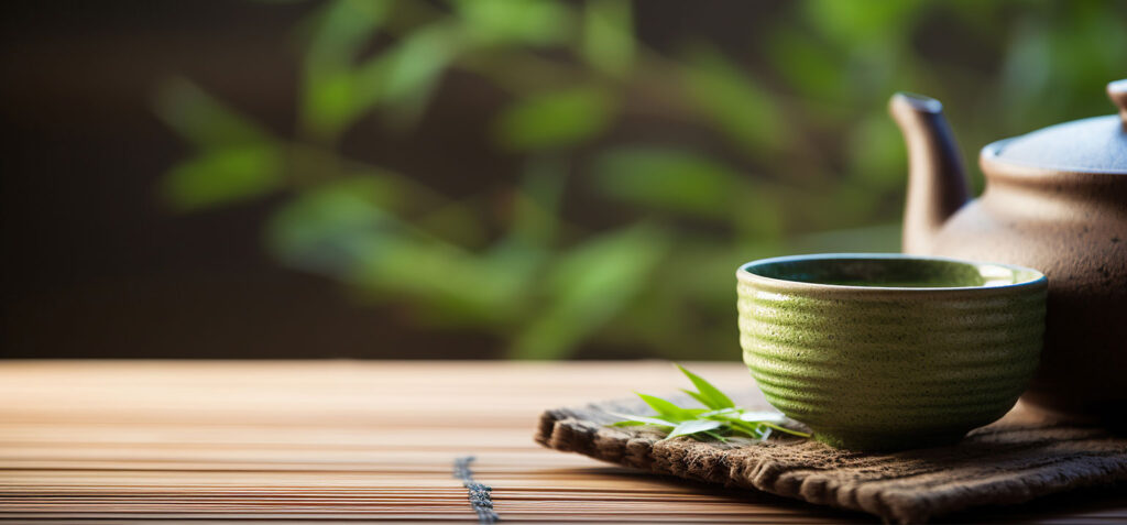 Keramik-Teetasse und Teekanne auf einem Holztablett in ruhiger, naturinspirierter Umgebung.
