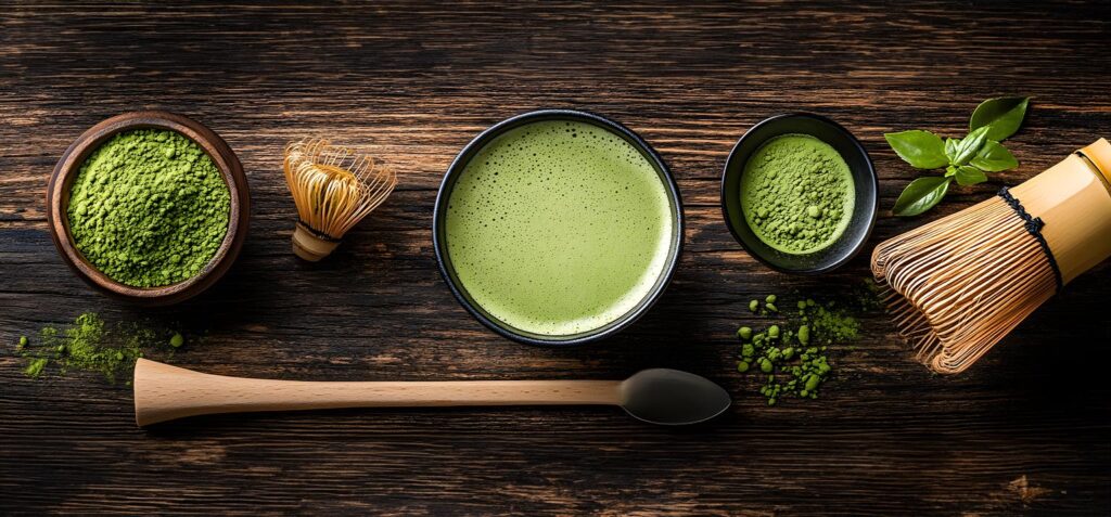 Matcha-Zubereitungsset mit Schale, Matcha-Pulver, Bambusbesen und Matcha-Löffel auf dunklem Holztisch.